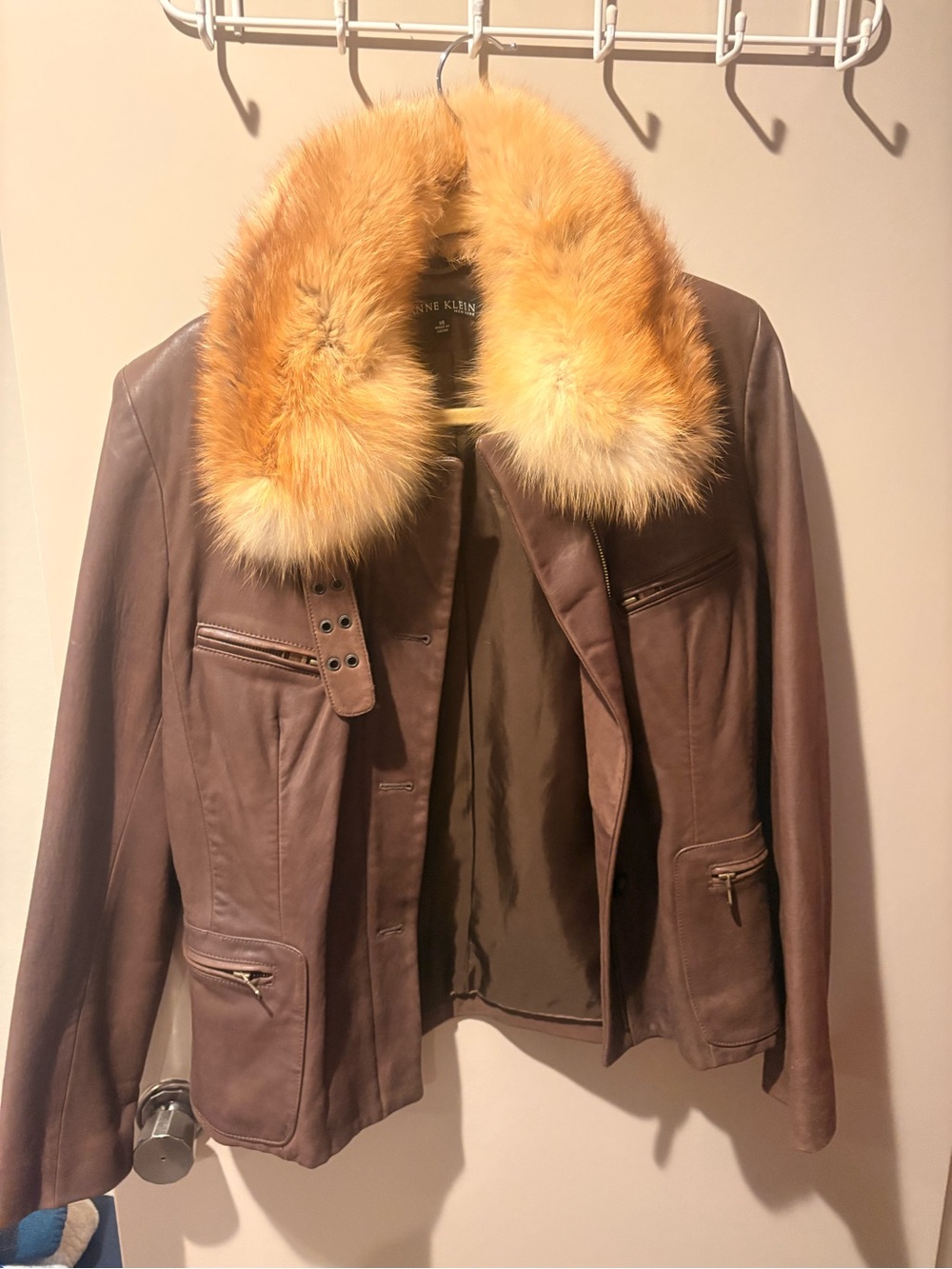 Anne Klein Brown Leather Jacket with real  Fox Fur Collar